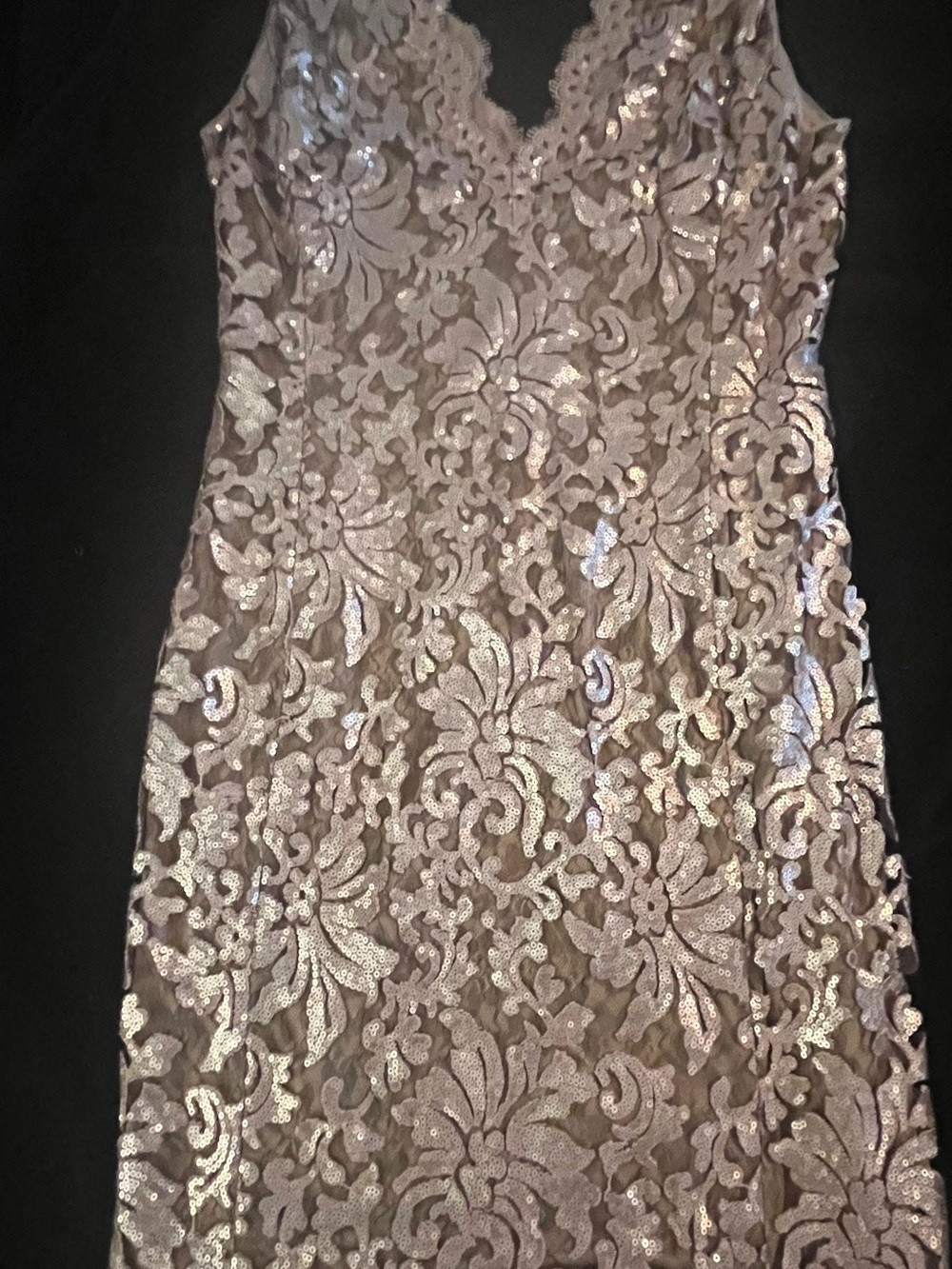 Tadashi Shoji sequined, scalloped Lace Cocktail Dress in Gold.